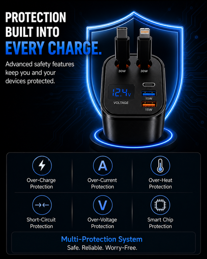 TIKTOK SHOP Retractable Car Charger, 4 in 1 Fast Car Phone Charger 66W, Retractable Cables and USB Car Charger,Compatible with Iphone 15/14/13/12/11,Galaxy,Pixel