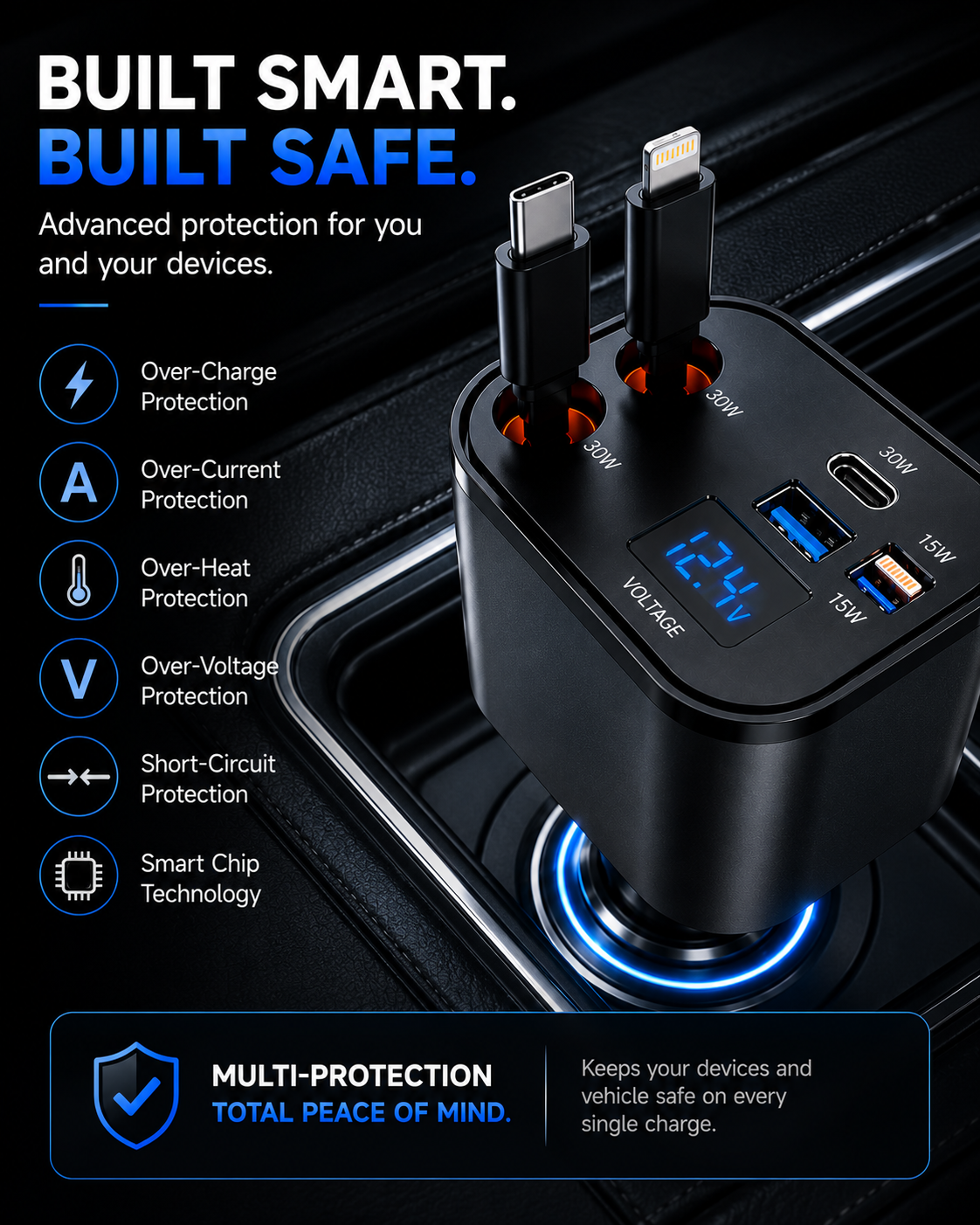TIKTOK SHOP Retractable Car Charger, 4 in 1 Fast Car Phone Charger 66W, Retractable Cables and USB Car Charger,Compatible with Iphone 15/14/13/12/11,Galaxy,Pixel