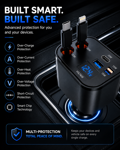 TIKTOK SHOP Retractable Car Charger, 4 in 1 Fast Car Phone Charger 66W, Retractable Cables and USB Car Charger,Compatible with Iphone 15/14/13/12/11,Galaxy,Pixel