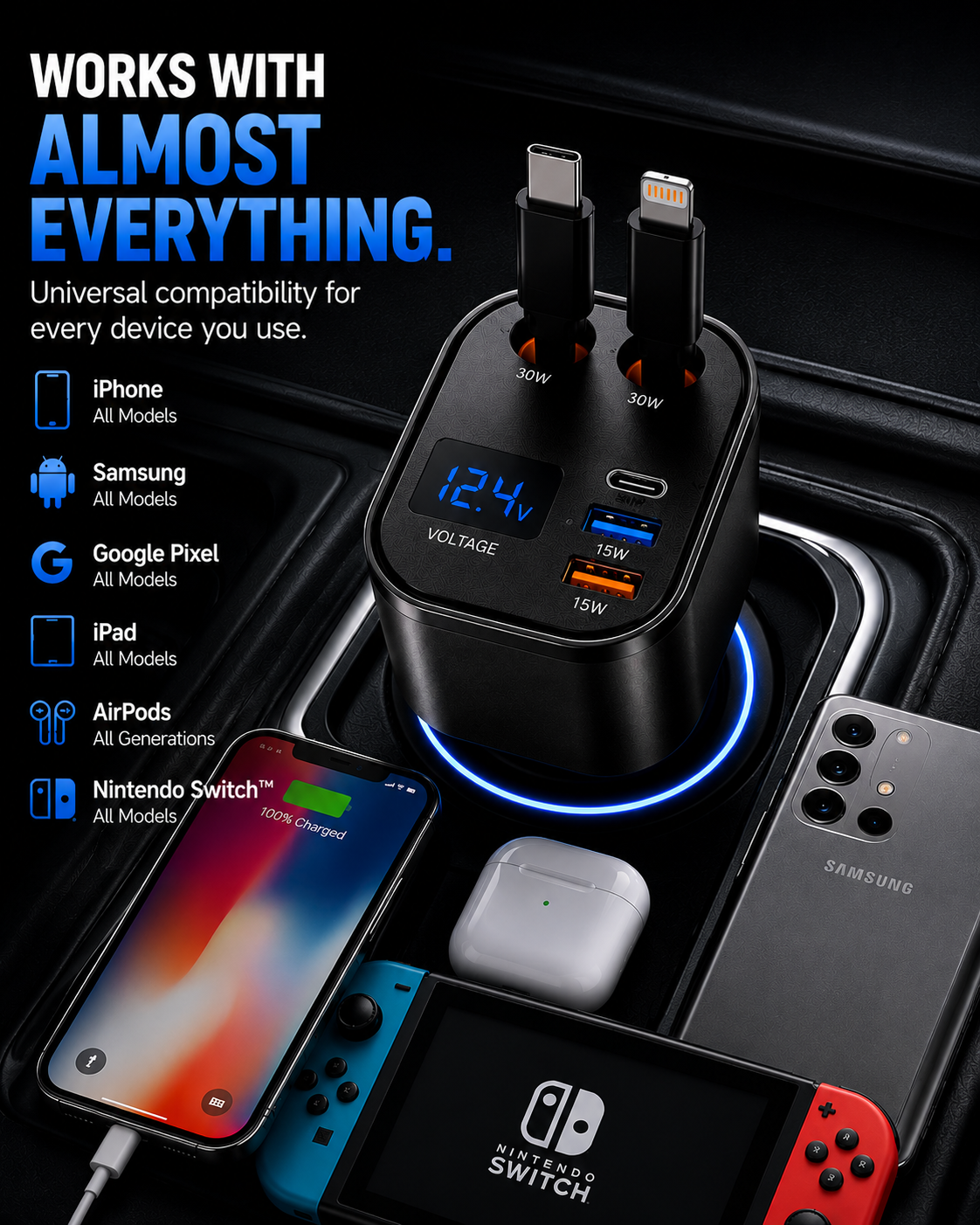 TIKTOK SHOP Retractable Car Charger, 4 in 1 Fast Car Phone Charger 66W, Retractable Cables and USB Car Charger,Compatible with Iphone 15/14/13/12/11,Galaxy,Pixel