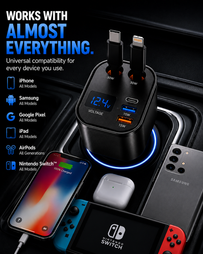 TIKTOK SHOP Retractable Car Charger, 4 in 1 Fast Car Phone Charger 66W, Retractable Cables and USB Car Charger,Compatible with Iphone 15/14/13/12/11,Galaxy,Pixel