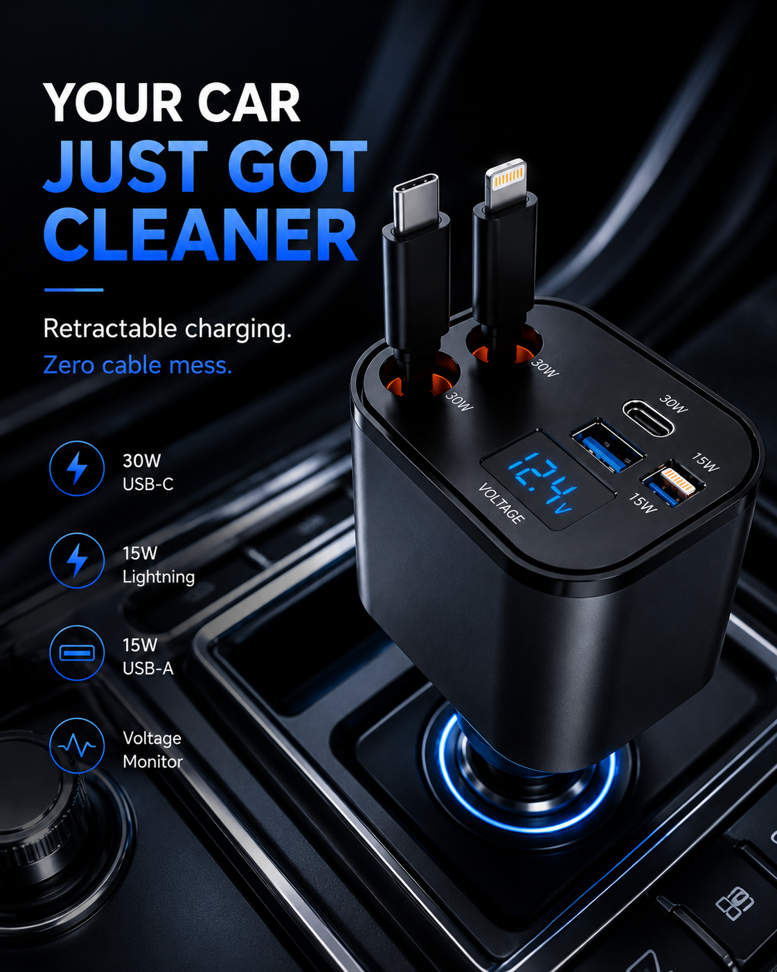 TIKTOK SHOP Retractable Car Charger, 4 in 1 Fast Car Phone Charger 66W, Retractable Cables and USB Car Charger,Compatible with Iphone 15/14/13/12/11,Galaxy,Pixel