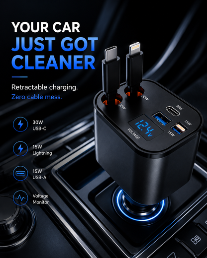 TIKTOK SHOP Retractable Car Charger, 4 in 1 Fast Car Phone Charger 66W, Retractable Cables and USB Car Charger,Compatible with Iphone 15/14/13/12/11,Galaxy,Pixel