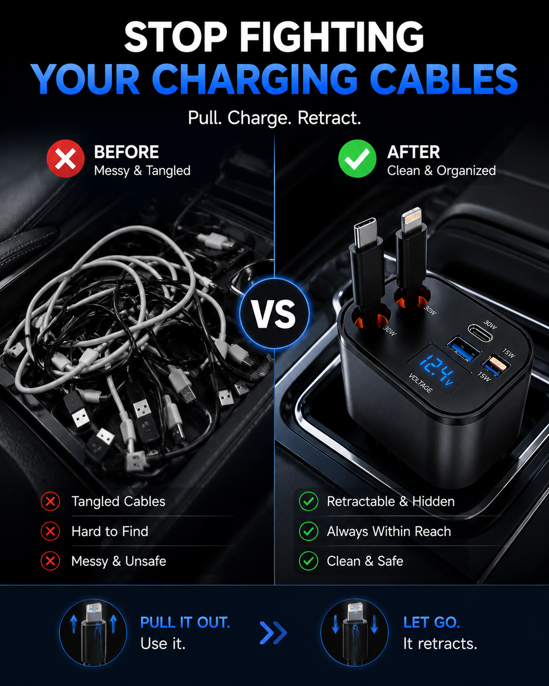 TIKTOK SHOP Retractable Car Charger, 4 in 1 Fast Car Phone Charger 66W, Retractable Cables and USB Car Charger,Compatible with Iphone 15/14/13/12/11,Galaxy,Pixel
