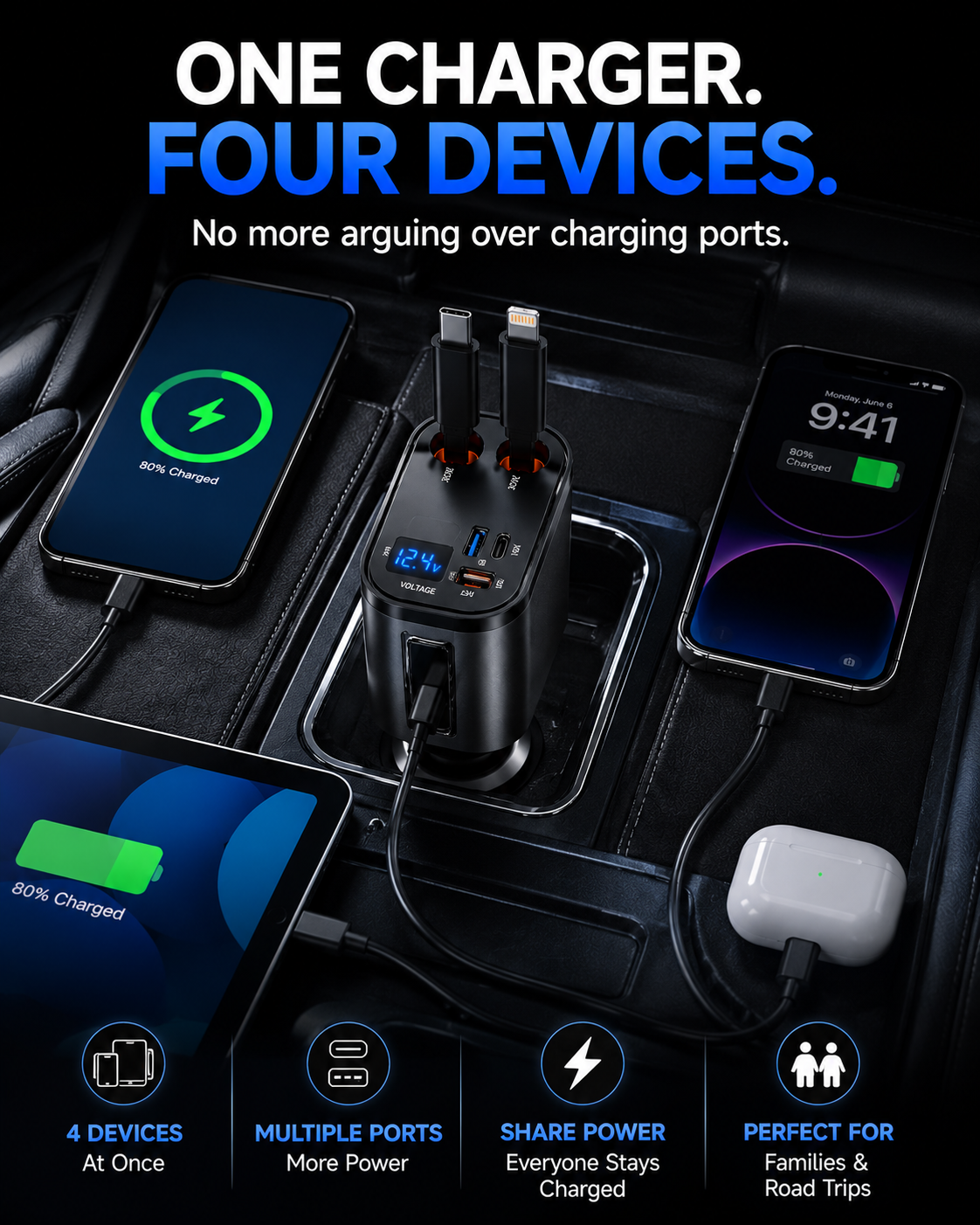 TIKTOK SHOP Retractable Car Charger, 4 in 1 Fast Car Phone Charger 66W, Retractable Cables and USB Car Charger,Compatible with Iphone 15/14/13/12/11,Galaxy,Pixel