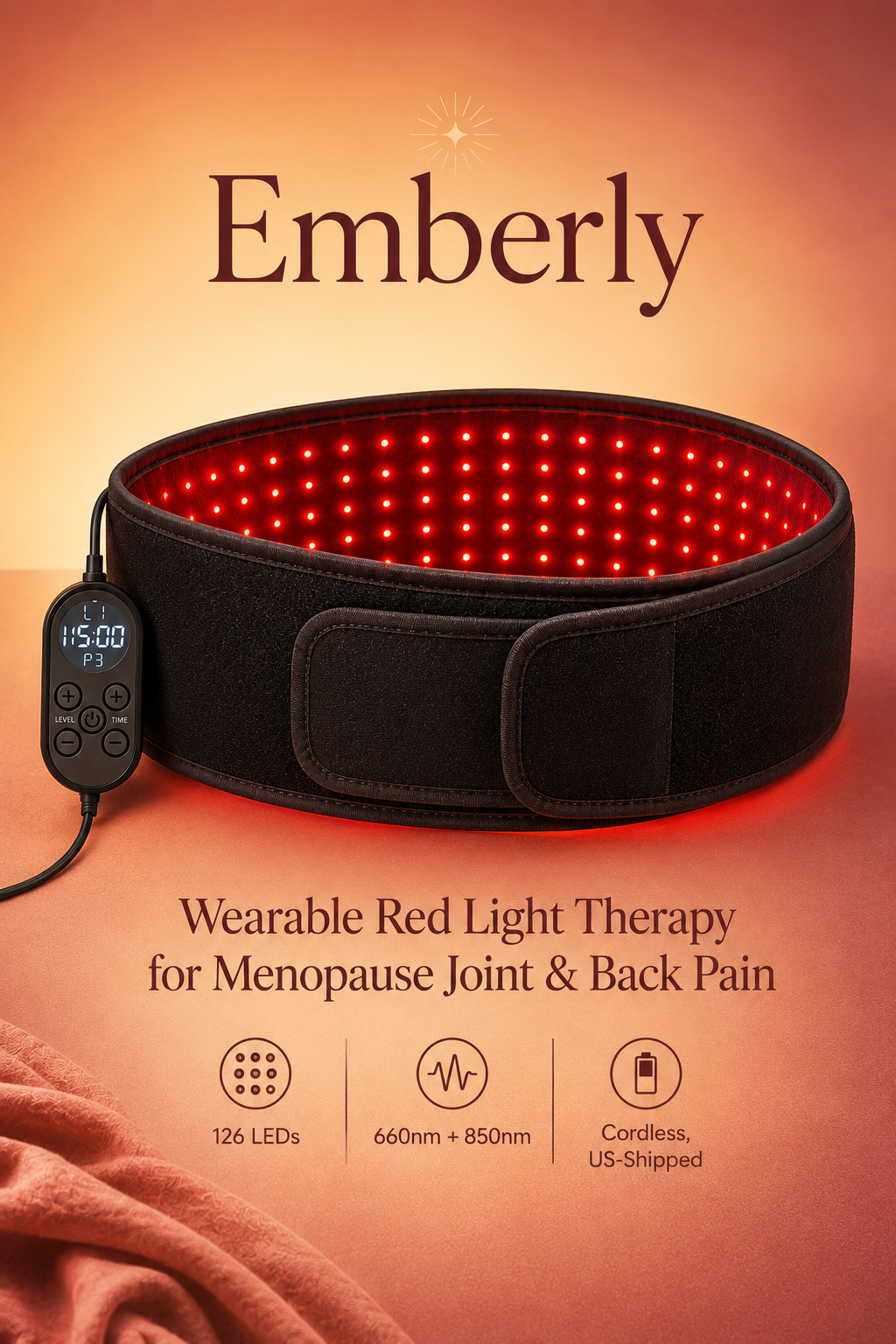 Emberly™ Red Light Therapy Belt for Menopause Joint & Back Pain — Drug-Free 660nm + 850nm Near-Infrared Relief for Aching Hips, Knees & Lower Back